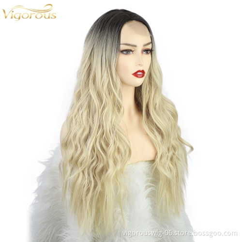 Vigorous Long Wave Hair Lace Wigs Front for Black Women Ombre Color Black To Blonde Synthetic Curly Hair Wig Middle Parting